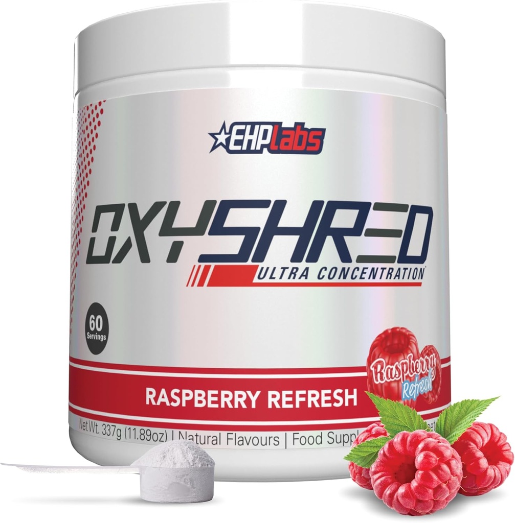EHP Labs Oxyshred Pre Workout אבקה - אבקת Preworkout עם L Glutamine & Acetyl L Carnitine, Energy Boost Drink - פטל, 60 משרתים