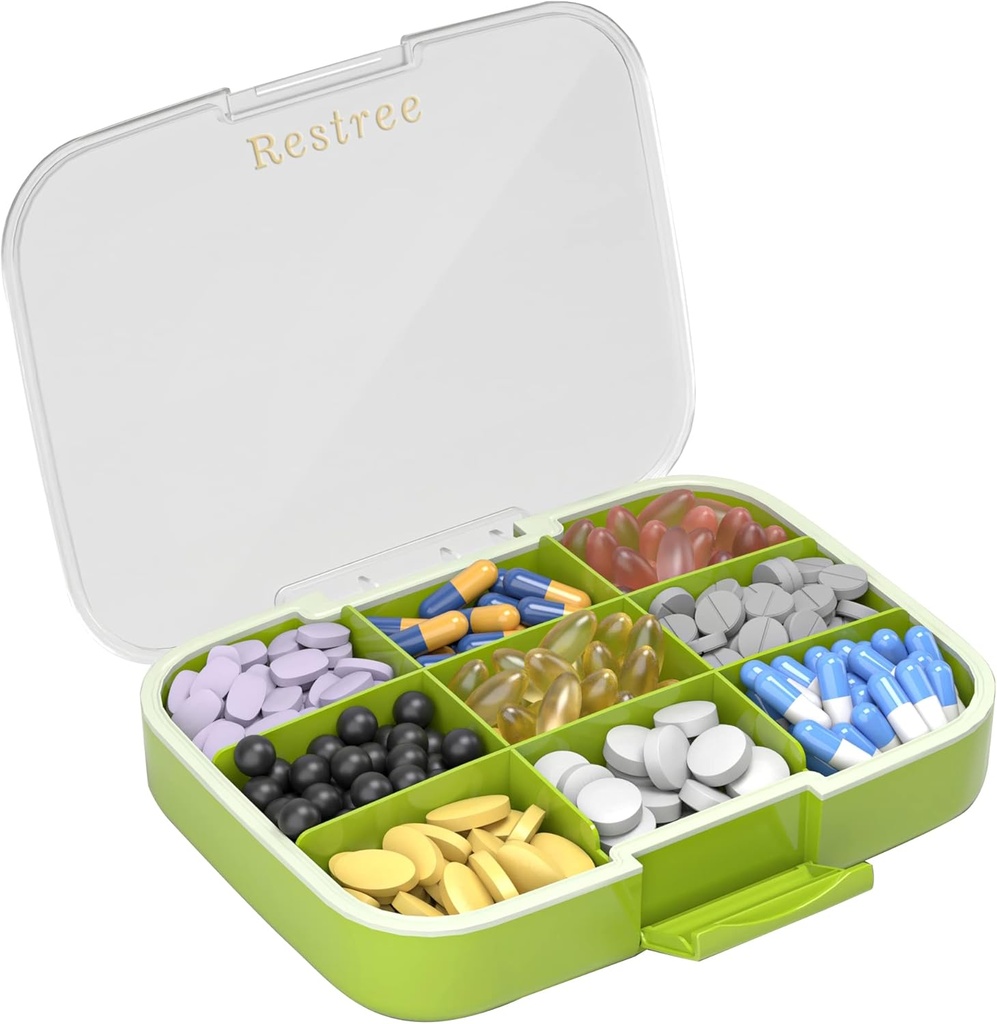 Restree Large Pill Organer, Moisture Proof & Waterified Travel Pill Case, Portable Medicine Box with tuneable Dividers for ויטמיניםs תוסף שמן דגים ו-Daily Pills 9 השוואתיות (Green)