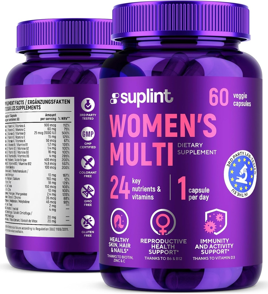 תוספי Multivitamin לנשים | מורכבות מלאה עם ויטמין A, C, D, E, B12, Zinc & More | שיער, Skin & Beauty Nails
