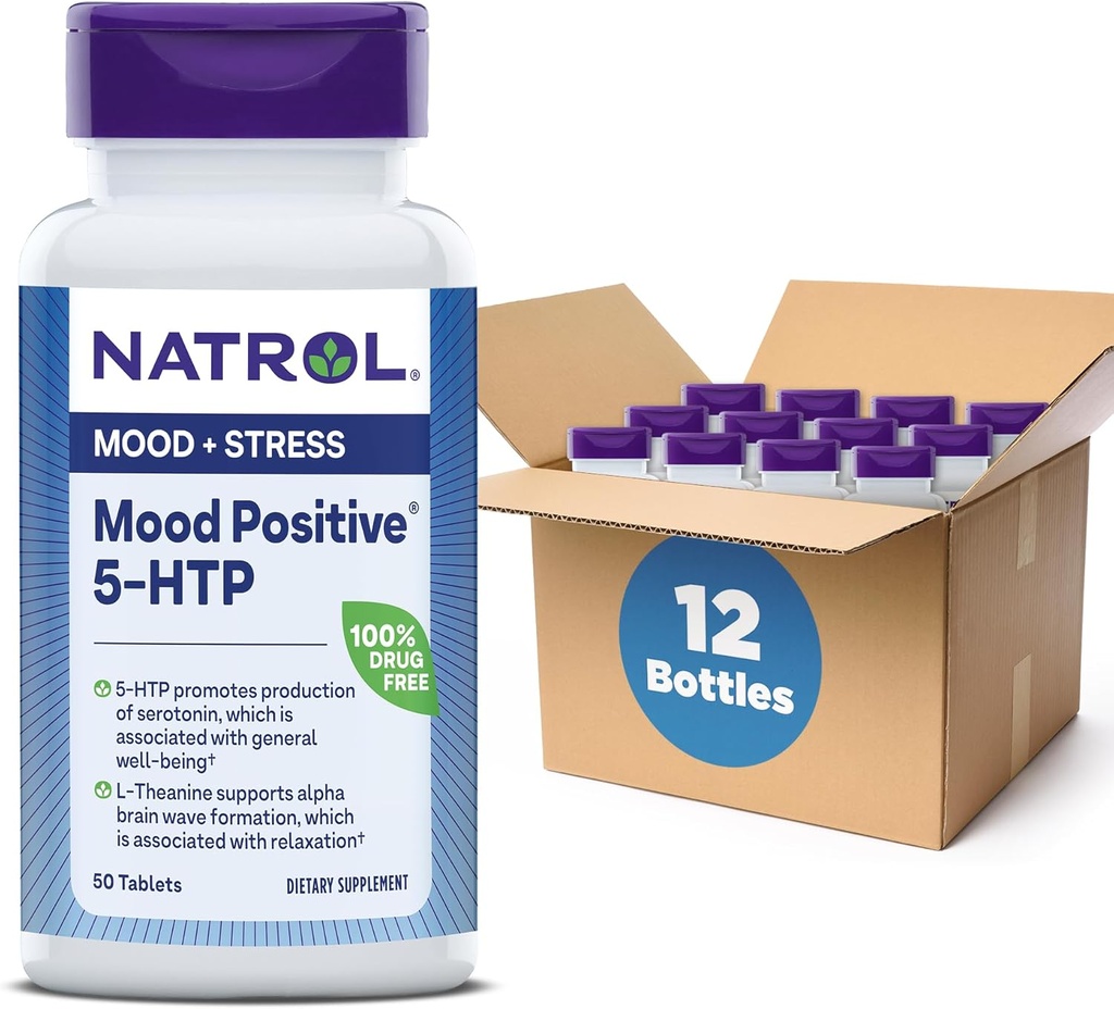 Natrol Mood חיובי 5-HTP 50 מ"ג עם L-theanine, ויטמין B6, ויטמין B12 ו- Folate, תוספי תזונה תומכים חיובי Mood, 50 טבליות, 25-50 יום אספקה (pack של 12)