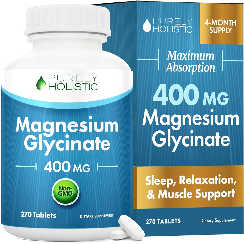 Magnesium Glycinate 400 מ"ג - 270 מגלניום טבליות (לא קפסולות) - 400 מ"ג מגנזיום Elemental Magnesium - Highly Bioavailable - טבעוני וצמחוני - עבור שינה משופרת, הקלה מתח & Cramp Defense