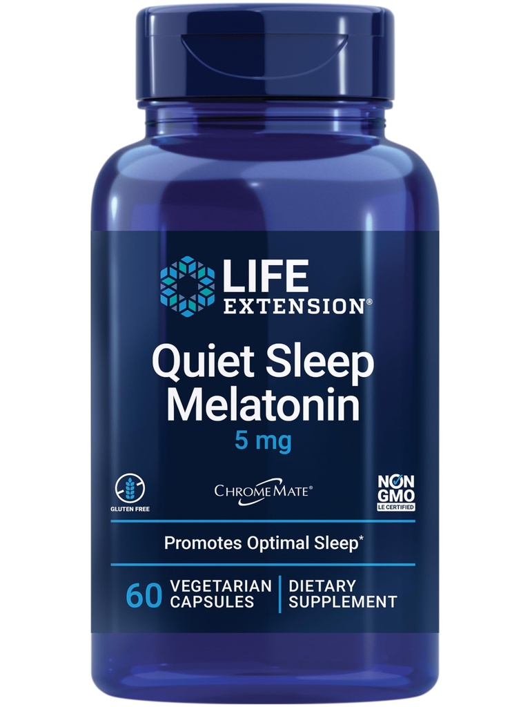 Life Extension Quiet Sleep Melatonin, 5 mg, Powerful Sleep Support, Healthy circadian Rhythms, Cellular Defense, Gluten-Free, Non-GMO, Vegetarian, 60 Capsules
