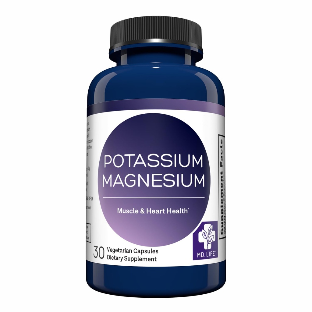 MD. Life Potassium Magnesium Supplement - 30 Capsules - High Absorption Magnesium Complex - Potassium Supplement to Support Vascular Health & Leg Cramp