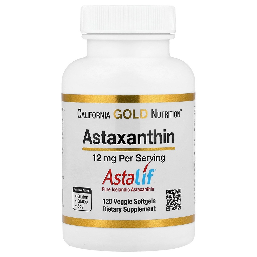 California Gold Nutrition Astaxanthin, Antioxidant Carotenoid, AstaLif Pure איסלנדי פעיל ביולוגית 99% Isomer, 12 מ"ג, 120 Veggie Softgels