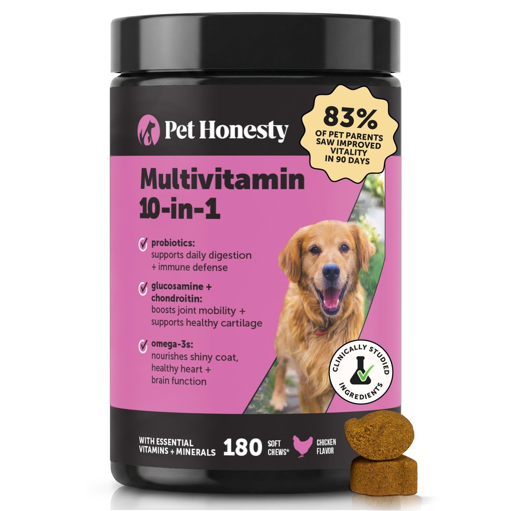 כלב Multivitamin - 10 ב 1 כלבים ויטמין לבריאות וללב - אומגה שמן, Glucosamine & Probiotics - ויטמינים לכלבים ותוספים לעור וכובע (Chicken 180 ct)