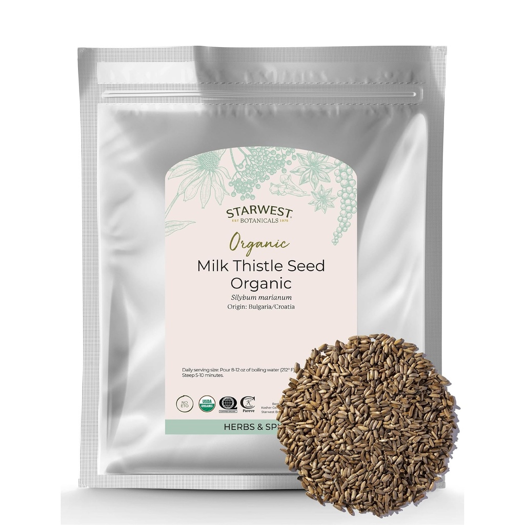 Starwest Botanicals Organic Milk Thistle Seed Whole - שופכת חלב זהה לתה ובישול, Mix in Juice, Add to Smoothies, Oatmeal, & Yogurt, מוסמך, non-GMO - Bulk 1 lb Bag Bag Bag