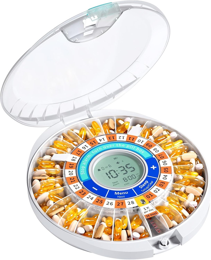 Daviky Automatic Pill Dispenser עבור Elderly עם אזעקה, 28 ימים אלקטרונית Locked Pill Box, Sound & Light מזכירים עבור תרופות, ויטמינים ותוספים (Orange)