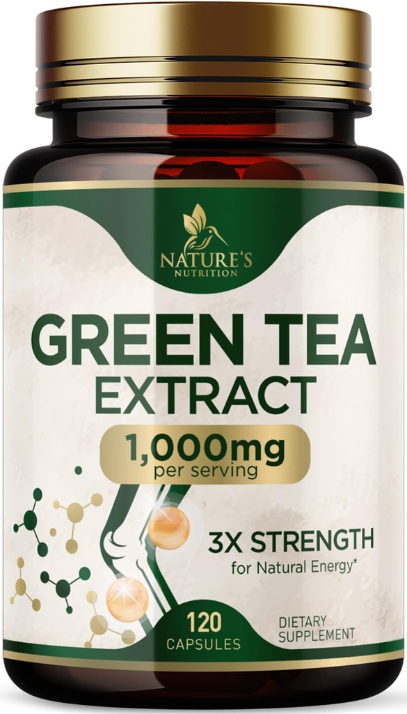 כריות תה ירוקות 1000 מ"ג - סטנדרטיזציה 45% EGCG & 98% Polyphenols - 3X חיזוק גלולות תה ירוק עבור אנרגיה טבעית - תמיכה בריאות הלב, תוסף צמחי, טבעוני, non-GMO - 120 קפסולות