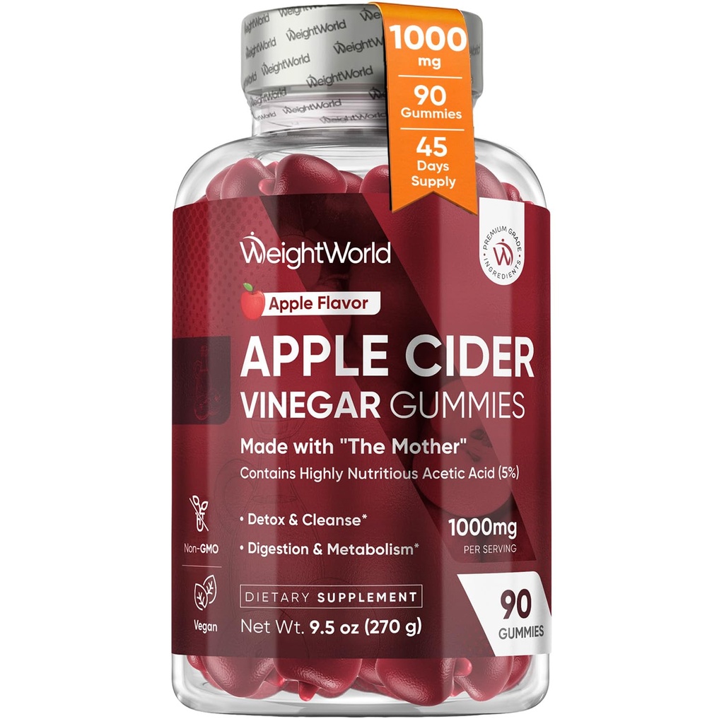משקל העולם Apple Cider Vinegarmies עם אמא 1000 מ"ג - 90 חניכיים - תוספת ויטמין B6, B12, B9 (Folic Acid) & C עבור Detox, ניקוי, העיכול והמטבוליזם - פלאט טבעי אפל פלאפור טבעי טעים