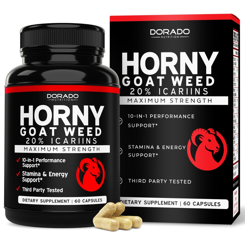 Hory Goat Weed for Men and Women - 20% Icariins Max Power - Stamina, Endurance, Circulation, Joint & Back Support - Maca Root, גינזנג, Yohimbine, Tribulus, L-Arginine - USA Made - 60 Count