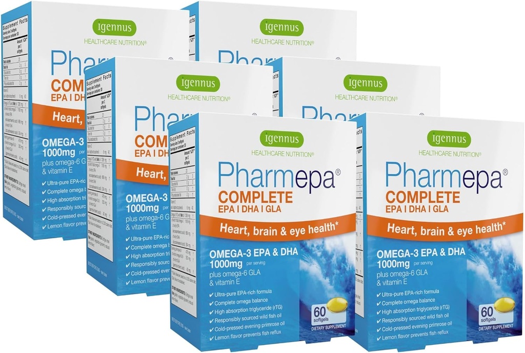 Igennus Pharmpa השלם EPA 668mg & DHA 334mg אומגה 3 שומן Acids 1000 מ"ג, IFOS מוסמך, RTG טופס, שמן דגים גבוה פלוס אומגה 6 ו 9 מ שמן GLA Evening Primrose שמן, Lemon Flavor, 360 Softgels מוסמך, 360 Softgels