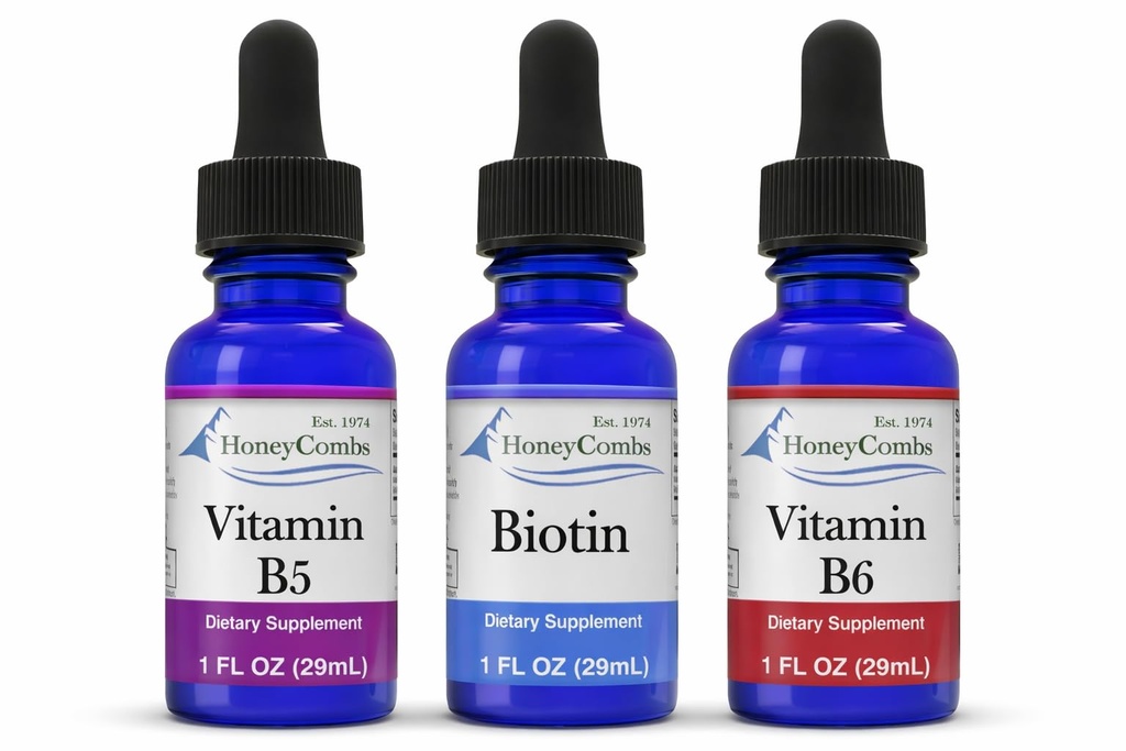 HoneyCombs נוזל טיפות 1oz כל לחסוך 10% - ויטמין B7 (Biotin) + ויטמין B5 (Pantothenic Acid) + ויטמין B6 (Pyridoxine)