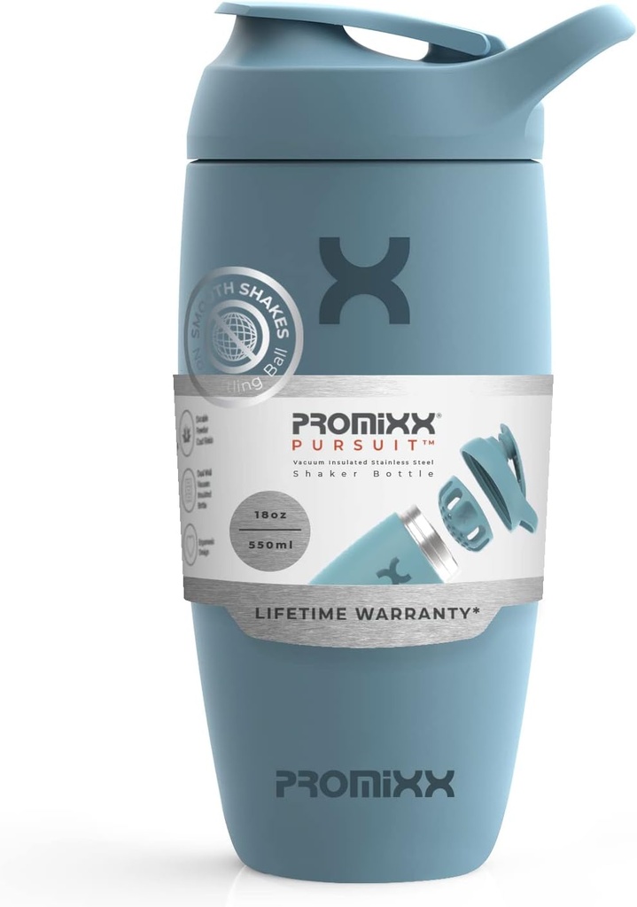 Promixx Pursuit Shaker Bottle Insulated Stainless Steel Water Bottle ו-Dark Cup, 18oz, Ocean Calm Blue