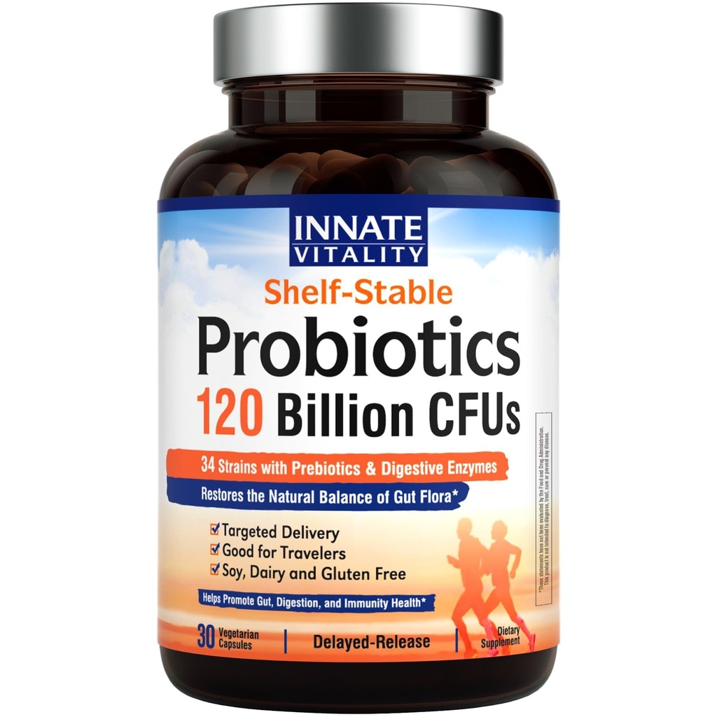 Innate Vitality Probiotics 120 מיליארד CFUs לגברים ונשים, 34 סטרינס עם Prebiotics & Digestive Enzymes, Immune & Digestive Health, נדחה, Shelf Stable, 30 קפסולות טבעוניות