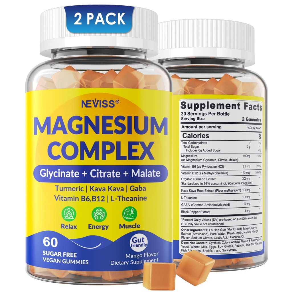 Magnesium Complex Gummies 400mg, Magneisum Glycinate Citrate Malate + Turmeric, GABA, B6 B12, Kava Kava, L-Theanine for Sleep, Calm, Relaxation, Energy, Magnesium Gummies for Women Men, Vegan, 2 Pack
