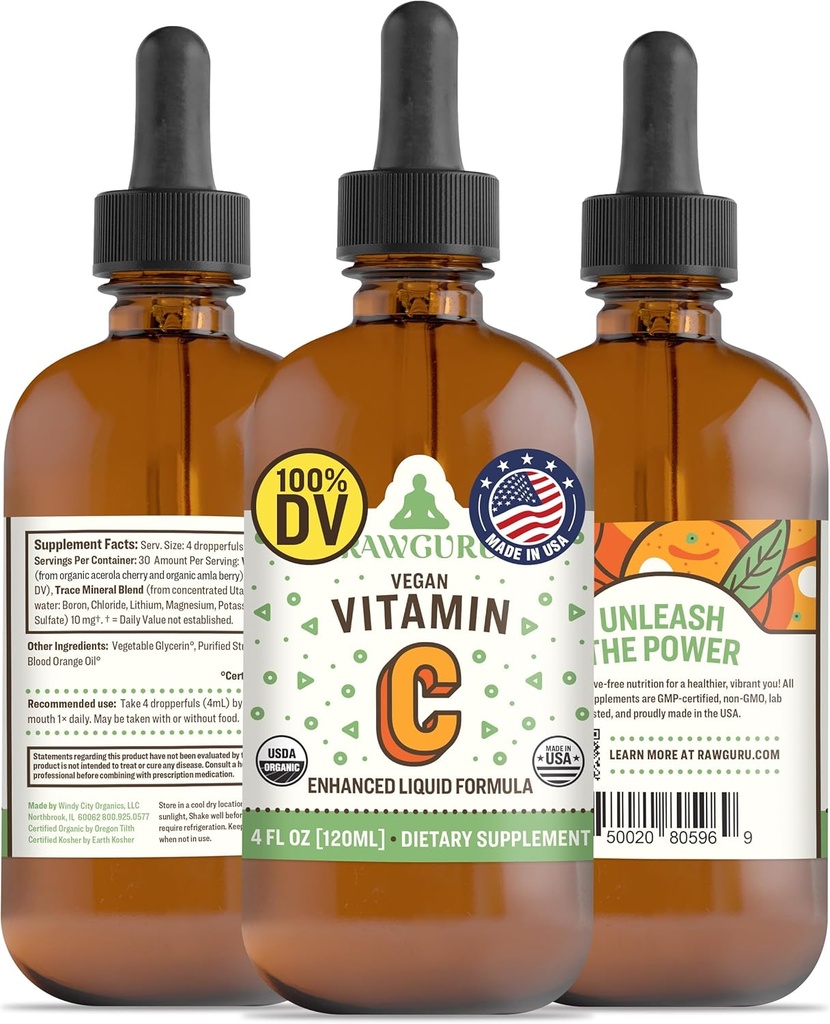 RawGuru ויטמין C Tincture - ויטמין C נוזלי עם Trace מינרלים - nano-Processed Antioxidant & Immune תמיכה תוסף Tincture - 30 לשרתים של טיפות טבעוניות ל-120 מ"ל, Pack של 1 1