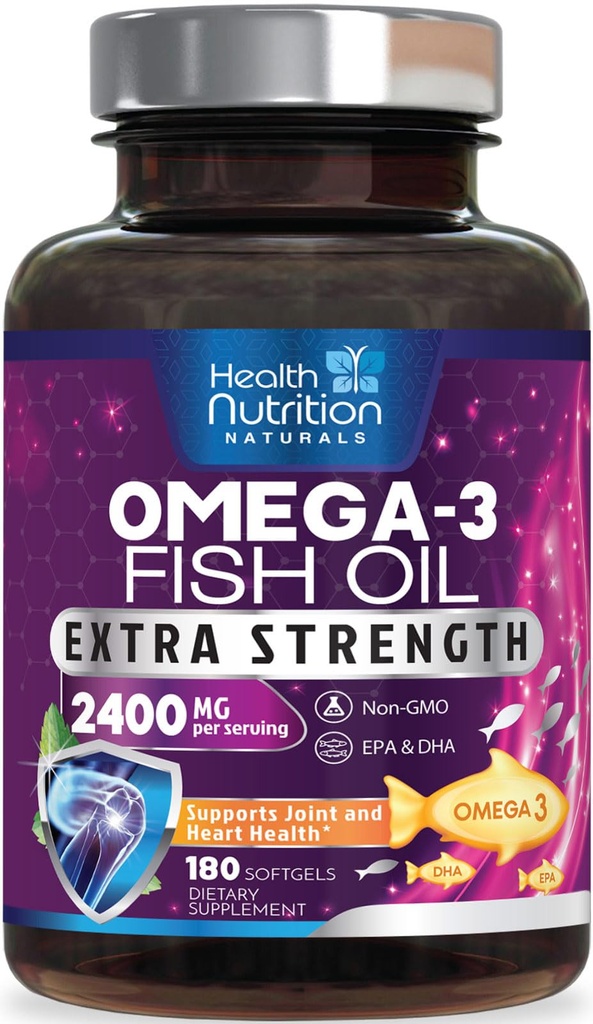 אומגה 3 שמן דגים 2400 מ"ג - אומגה 3, EPA & DHA שומן תוסף - תמיכה טבעית עבור Immune, Heart & Brain Health - Wild שנתפס, non-GMO, Lemon Flavor, Burpless - 180 Softgels