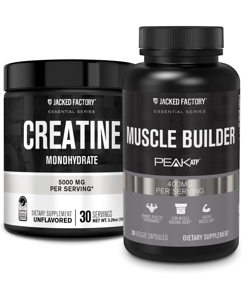 Jacked Factory Creatine Monohydrate אבקה 150g - תוסף קריאטין לצמיחת שרירים, הגדלת כוח & Essentials שריר בונה - יומית שריר בונה עם PeakATP (30 קפסולות)