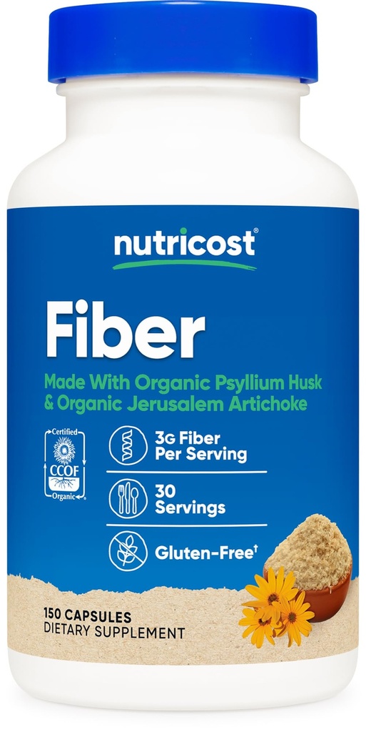 קפסולות סיבים תזונתיים עם Prebiotic סיבים תוספת 150 קפסולות - CCOF מוסמך תוסף, Made עם אורגני Psyllium Husk & אורגני ירושלים Artichoke, Gluten Free, 3 G Per המשרתת תוסף.
