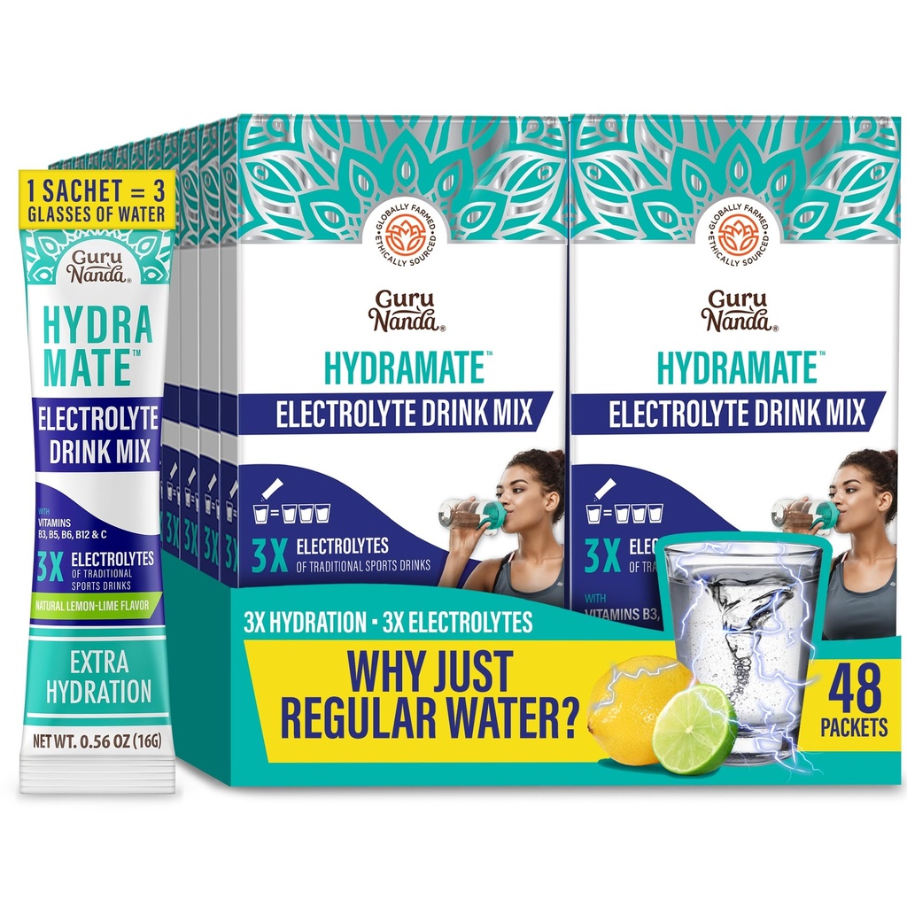 GuruNandahydration Support drink Mix - אלקטרוליט אבקת Packets עבור Dehydration, פעילות גופנית ואנרגיה - לא תוספת Sweeteners, non-GMO, לימון טבעי Lime Flavor - 48 הרוזן (0.56 oz כל אחד)