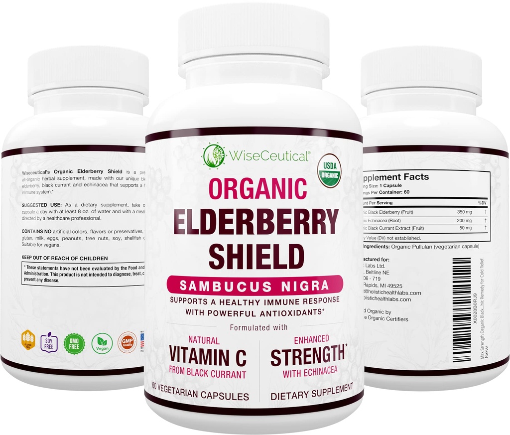 מקס כוח USDA אורגני Black Elderberry, Black Currant Extract & Echinacea | 3 מתוך 1 תמיכה טבעית Immune & ויטמין C | סוכר חינם, טבעוני ידידותי | Homeopathic Remedy | 60 Count Count Count