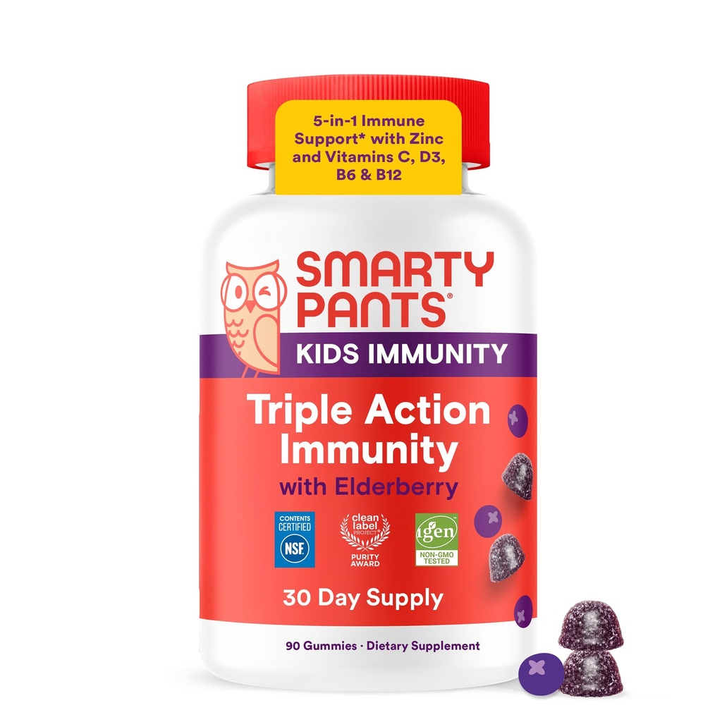 SmartyPants Kids Immunity Elderberry Gummies: Kids Immune Support Supplement, ויטמין C, ויטמין D, ויטמינים B6 & B12 ו- Zinc, Gluten Free, Elderberry Flavor, הרוזן (30 יום אספקה)