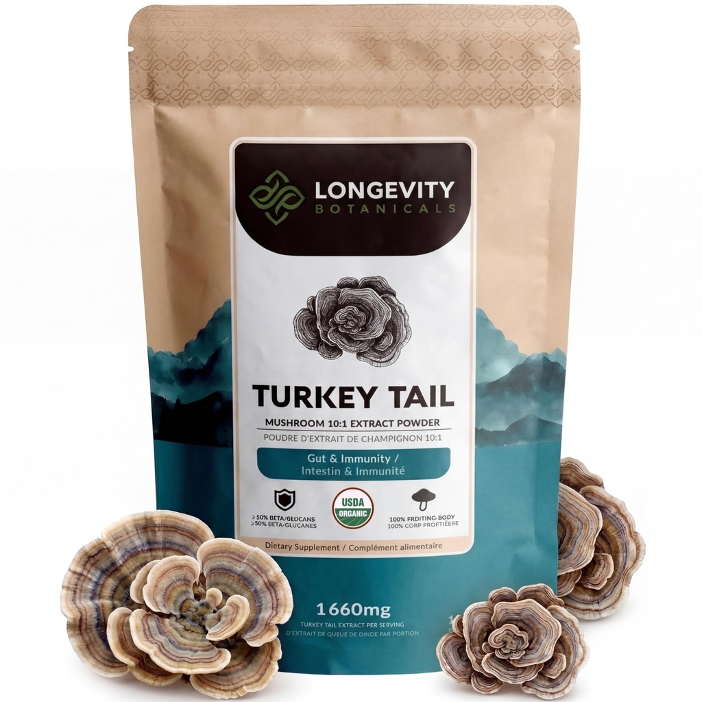 צמחי מרפא טורקיה Tail Mushroom אבקת תוספת 100g | טהור פריץ גוף 10:1 גבוה לחלץ; 50% Beta-D Glu Equivalent Per לשרת | Immune, Gut & Microbiome Support