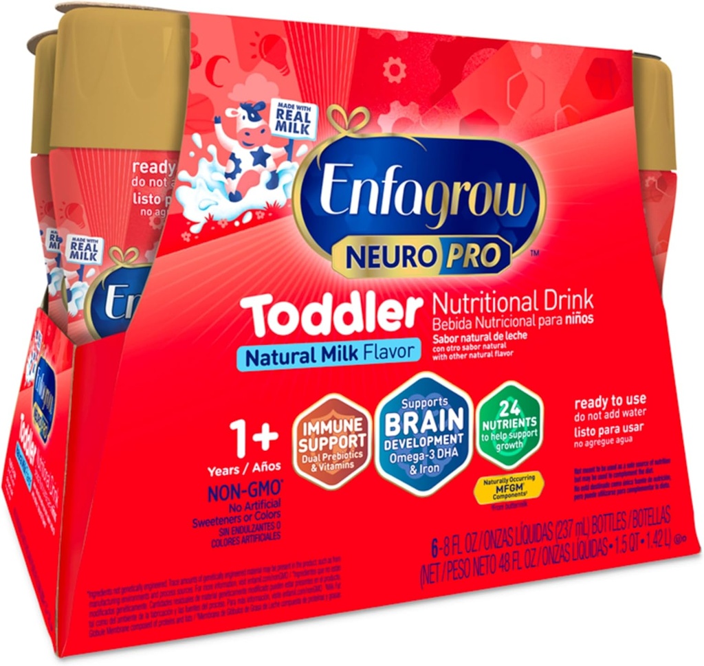 Enfagrow NeuroPro טודילר משקאות תזונתיים, עשויים עם חלב אמיתי, בניית המוח אומגה 3 DHA, חומרים מזינים ו-Prebiotics for growth & Immune Support, non-GMO, אבקת חלב טודלר, 8 Fl Oz, 6 Count