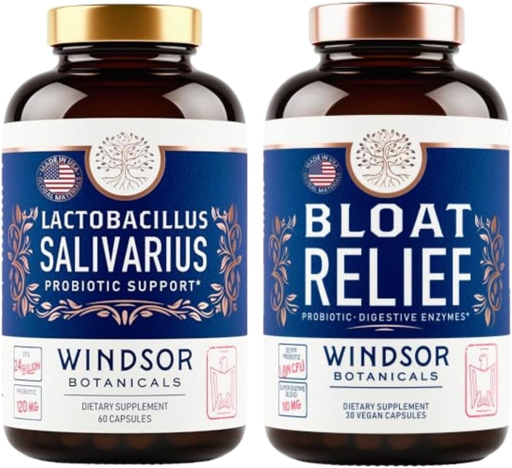 WINDSOR BOTANICALS Bloat הקלה ו- Lactobacillus Salivarius Probiotic כמוסות - אוראלי ו- IBS תמיכה Bundle