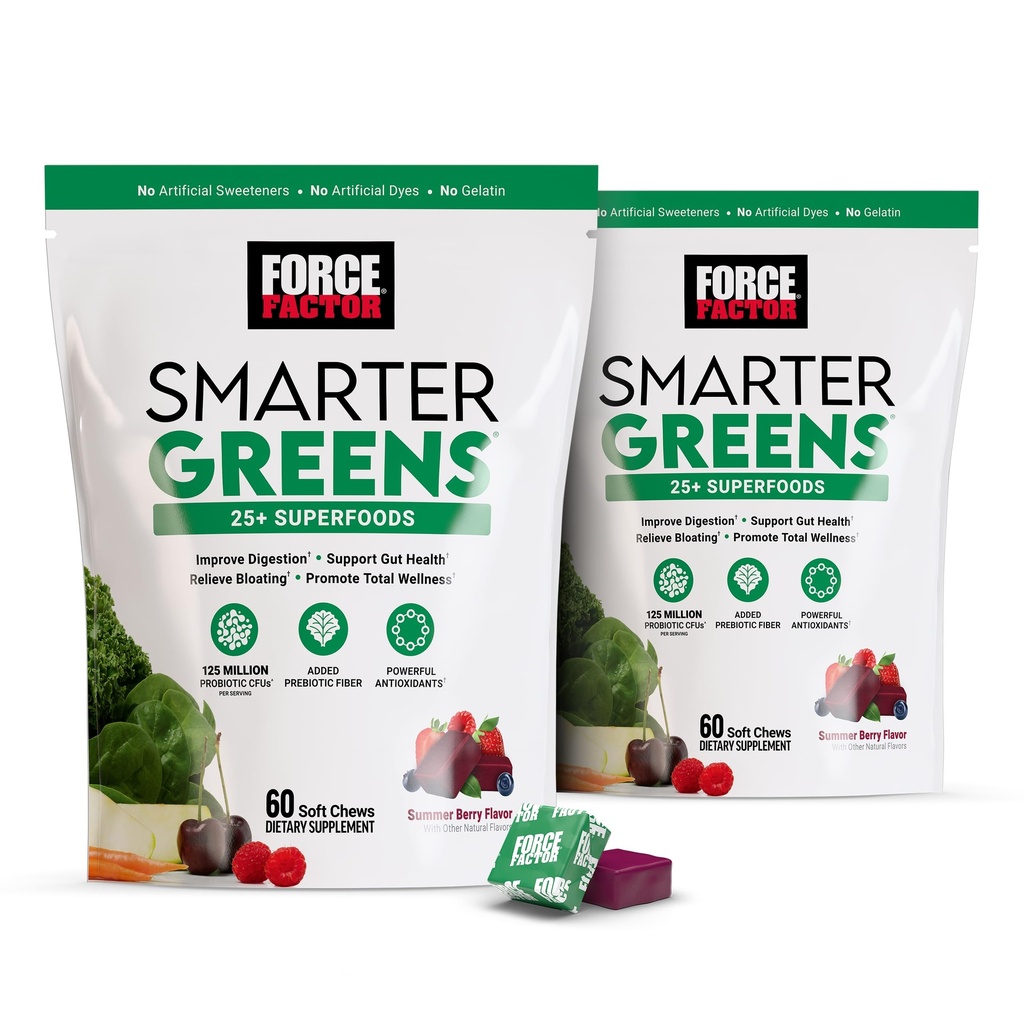 עבור FACTOR Smarter Greens Superfood Chews, 2-Pack, גריןs ו Superfoods עם Probiotics, Antioxidants, ו- סיבים, גריןs תוסף לתמיכה, Nitric Oxide ואנרגיה, 120 צ'אדים רכים