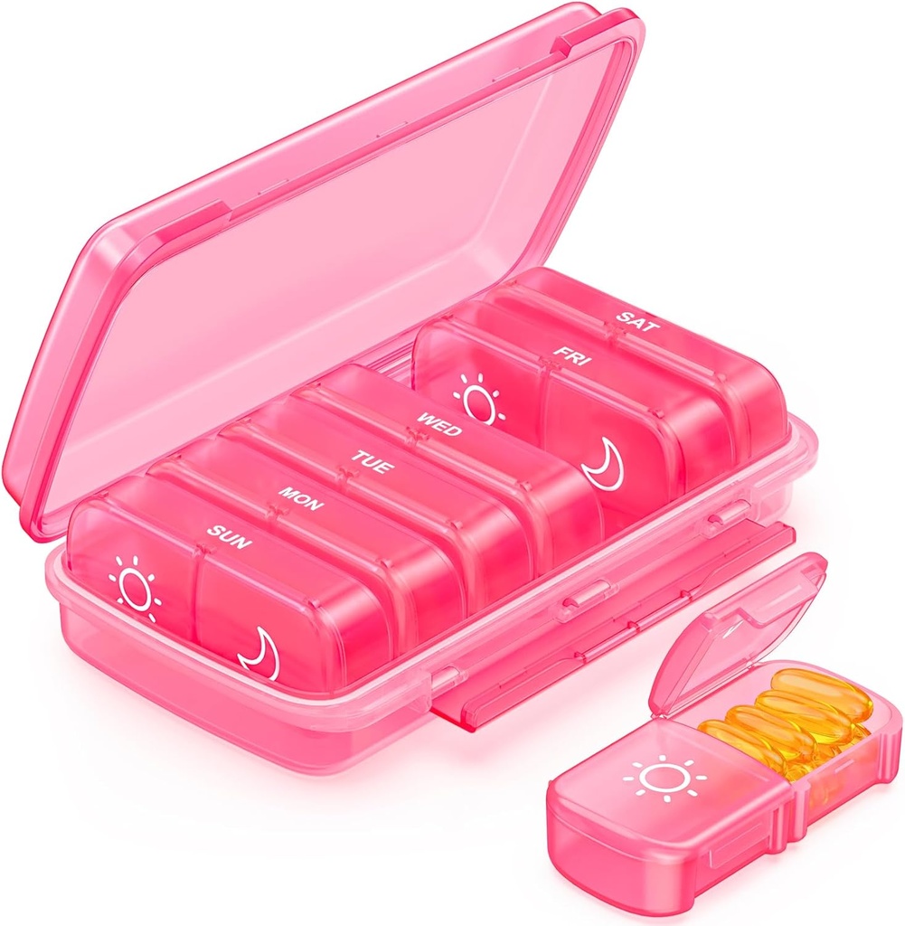 מארגנת גלולות שבועיות 2 פעמים ביום עם עיצוב Moisture-resistant, Pink AMPM Pill Box 7 Day for Easy Filling, Portable Pill Case for Travel, Large Pill Holder עבור ויטמין, שמן דגים, תוספת תוסף