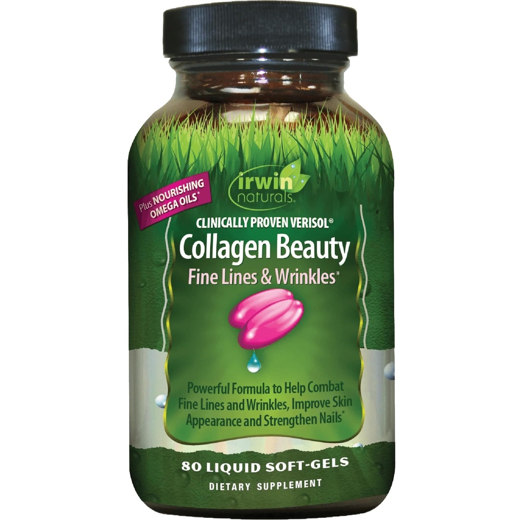 Irwin Naturals Collagen Beauty - 80 נוזל Softgels - Helps Combat Fine Lines & Wrinkles, משפר את מראה העור וציפורני כוח - 13 לשרתים מלאים