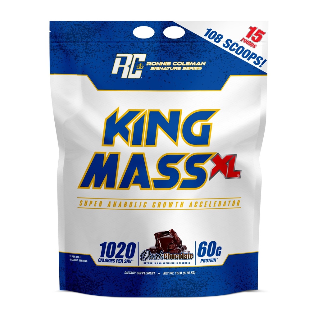 Ronnie Coleman Signature Series King Mass XL Mass Gainer חלבון אבקה, קבלן שרירים, 60g חלבון, 180g Carbohydrates, 1,000 + קלוריות, קריטין וגלוטמין, שוקולד כהה, 15 פאונד