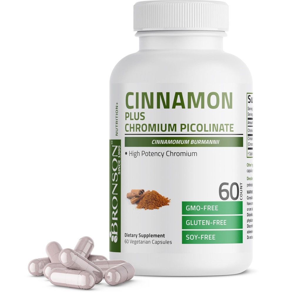 Bronson Cinnamon Plus Chromium Picolinate תוסף, High Potency Chromium, non-GMO, 60 קפסולות צמחוניות