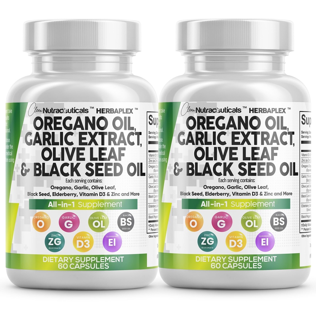 שמן Nutraceuticals Oregano שמן Garlic לחלץ את שמן זית שחור Seed שמן - Immune תמיכה בריאות תוספת עבור נשים וגברים עם ויטמין D3 & Zinc - 2Packack