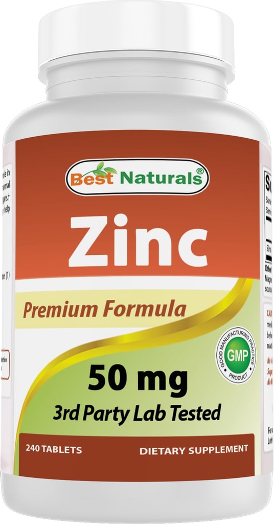 Best Naturals Zinc תוספת כמו Zinc Gluconate 50 מ"ג 240 טבליות - Immune Support