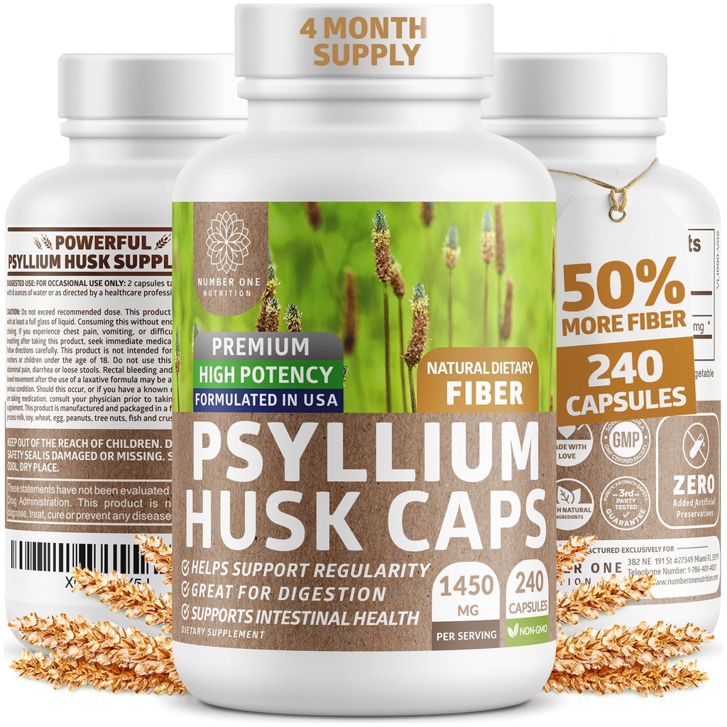 N1N Premium Psyllium Husk קפסולות (כל טבעי, 1450 MG) Powerful Soluble סיבים תוספת לתמיכה סדירות ובריאות העיכול, 240 Caps