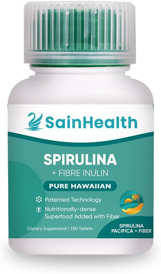 Spirulina + Fibre Inulin - Herbal תוסף, Spirulina הוסיף טבליות מפוארים לבריאות העיכול, 600mg Spirulina, טבעוני & GMO חינם (180 טבליות)