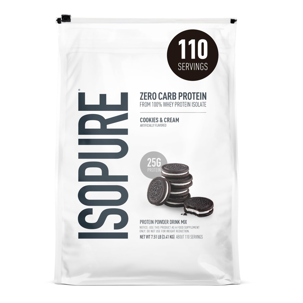Isopure Zero Carb 100% טהור Whey Isolate אבקת חלבון, Lactose חינם, Gluten חינם, עם ויטמינים, עוגיות ו Cream, 25g חלבון Per לשרת, 7.5 Lbs, 110 משרתות (Packaging May Vary)