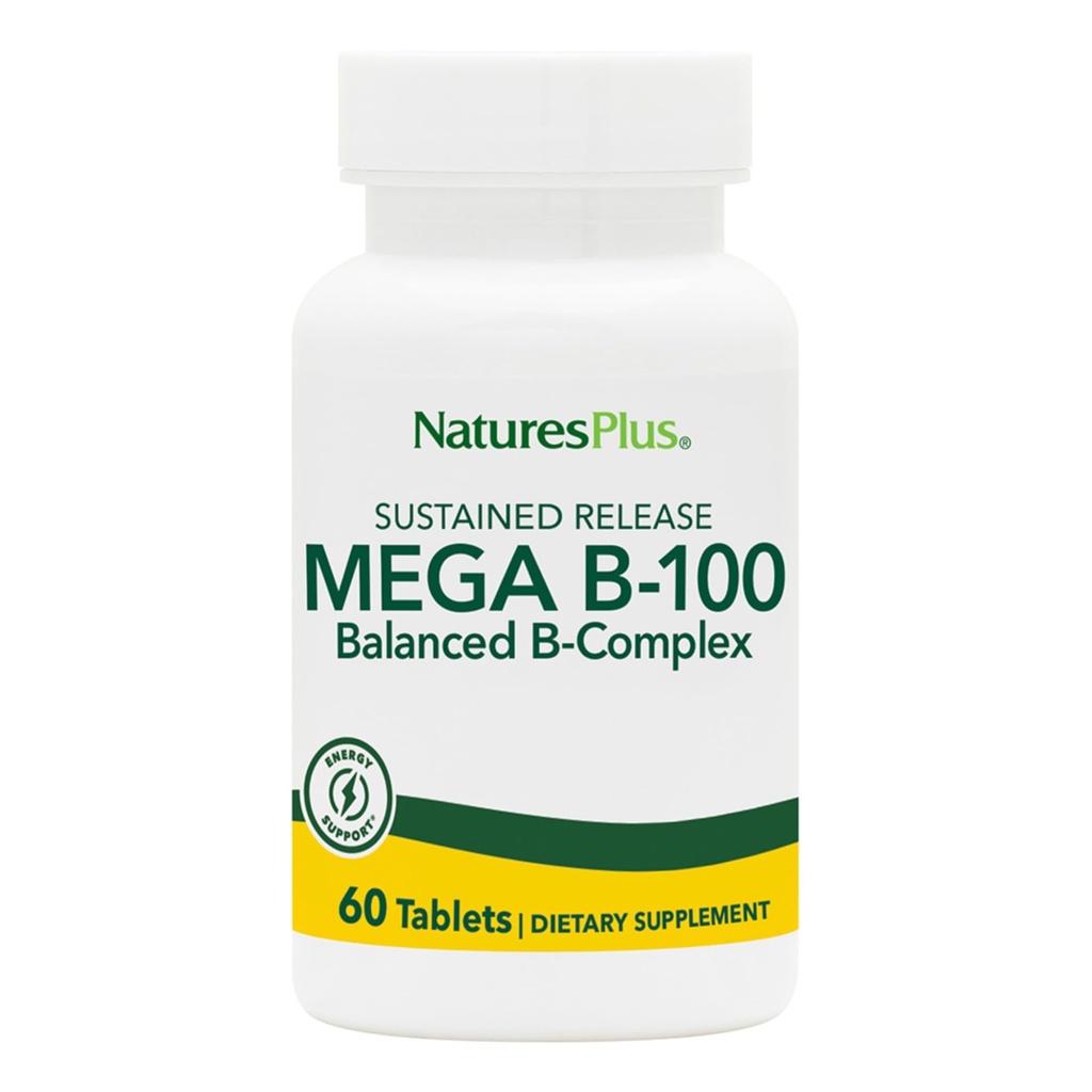 NaturesPlus Mega B-100 Complex - 60 טבליות שחרור מאוזנים - Balanced B Complex - תמיכה באנרגיה - Vegetarian, Gluten חינם - 60 משרתים