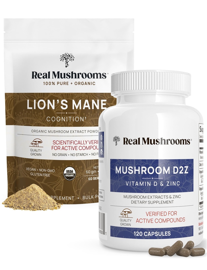 Real Mushrooms ויטמין D2, Chelated Zinc, Chaga, Reishi (120ct) ואבקה של אריה אורגני (60 משרתים) Bundle - Immunity ותמיכה קוגניטיבית, שיפור Absorption - טבעוני, Gluten Free, non-GMO