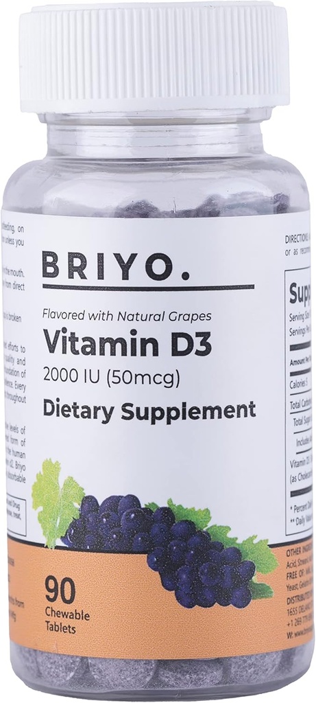 Briyo ויטמין D3 ללעס Tablet - 2000 IU (50 mcg Perשרת) - גרפיט טבעי טעים, 90 הרוזן