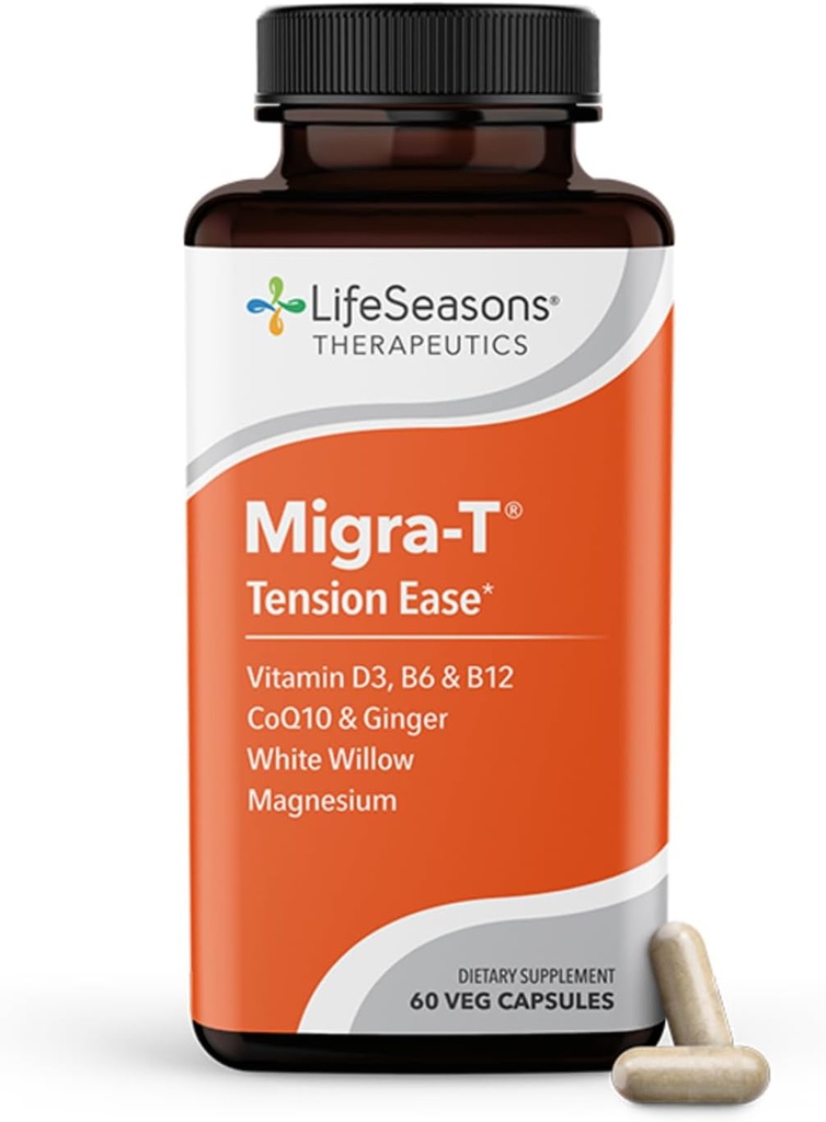Life Seasons Migra-T עם Relieve-R ראש הממשלה - Migraine Prevention & Relief תוסף - תומך ב-Se Headaches - מצמצם את Light Sound & Odor Sרגישות - Feverfew, White Willow, Magnesium Johnson & CoQ10