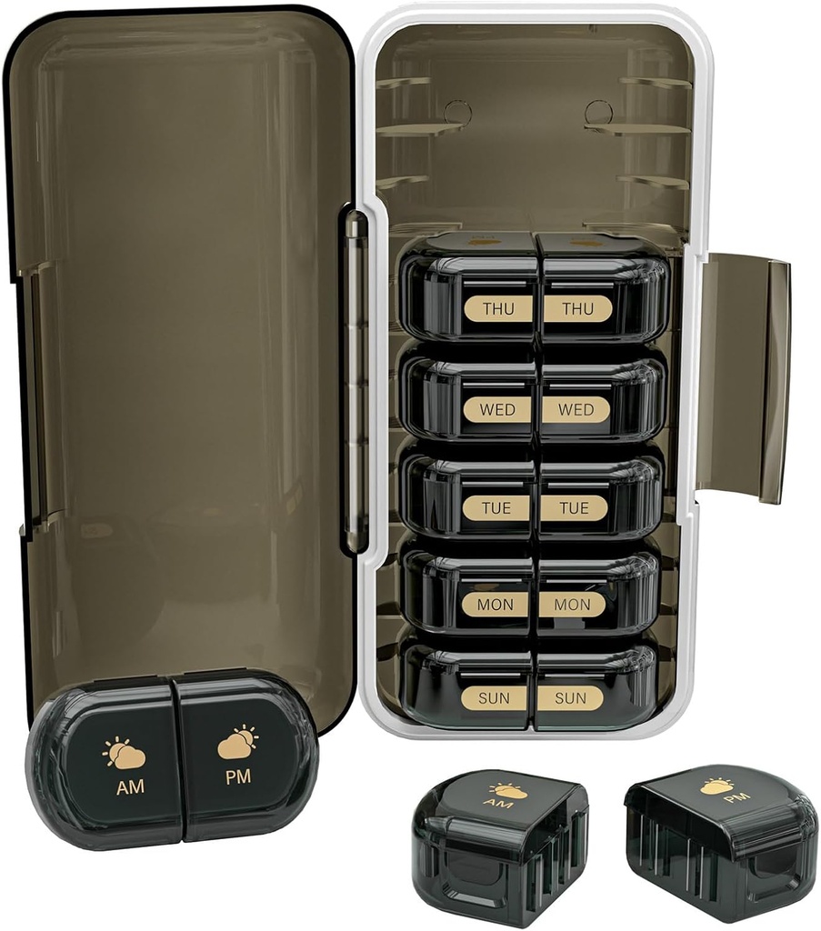 מארגנת גלולות שבועיות 2 פעמים ביום, Moisture-Proof, Detachable השוואתיות, AM PM Pill Box 2X 7 יום, Travel Pill מארגנת עבור גלולות / שמן שמן / תקשורת / Vitamin / Supplements (שחור)