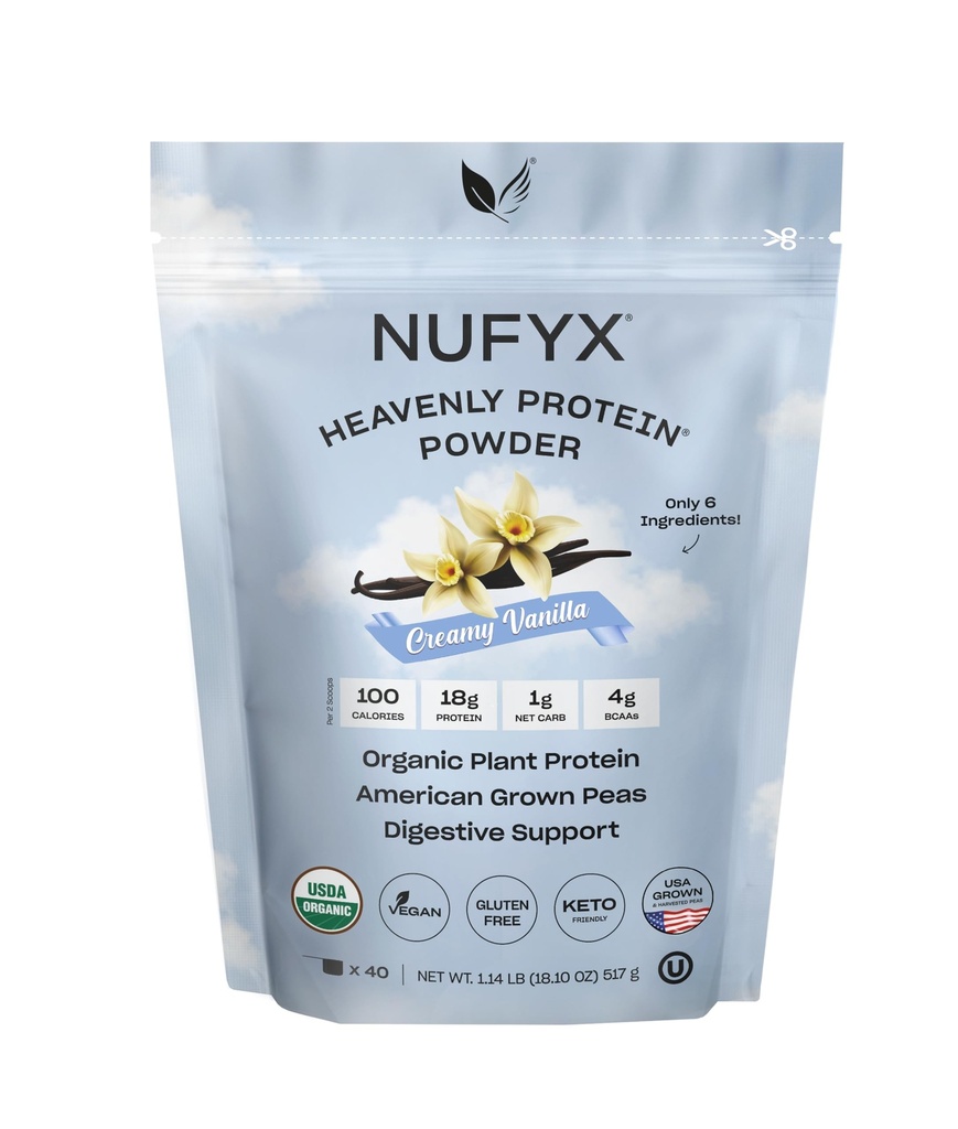 NUFYX® - אבקת חלבון שמימית ® אבקת ® ® - 100% אורגני צומחים בארה"ב - טבעונית - Gluten Free - Low Carb (Creamy Vanilla, 40 Scoops)