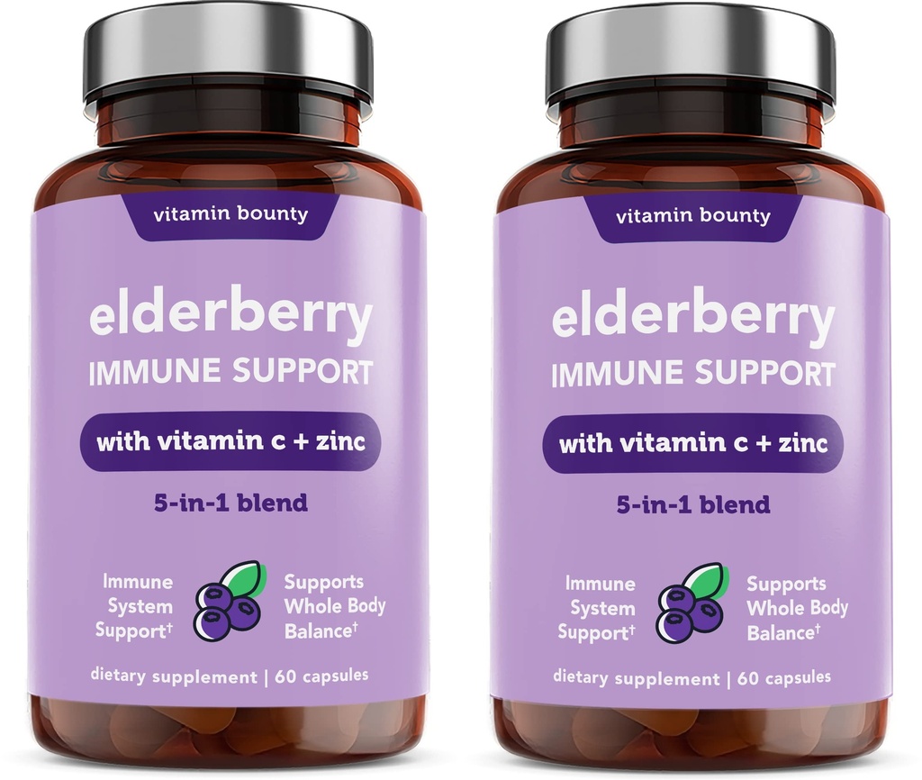 ויטמין Bounty Elderberry Immune - עם Zinc, ויטמין C & Echinacea, מתקדם 5-in-1 בלנדר, Powerful Antioxidant, תומך איזון גוף שלם, non-GMO - 60 קפסולות, 2 Pack