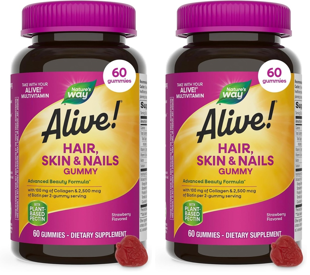 הדרך של הטבע חי! שיער, Skin & Nails Gummies, Advanced Beauty Formula*, עם Biotin וColagen, Strawberry Flavored, 60 חניכיים (Pack of May Vary)