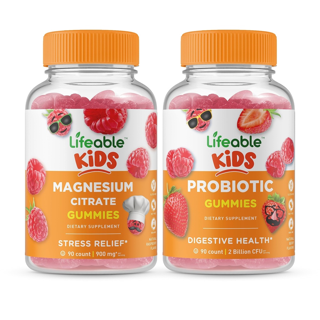 Lifeable Magnesium Kids + Probiotic 2 מיליארד CFU ילדים, חניכיים Bundle - גדול Tasting, ויטמין תוסף, Gluten Free, GMO Free, Chewable Gummy