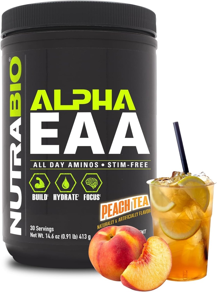NutraBio Alpha EAA - All-Day Amino Acids לצמיחת שרירים ושיקום - Amino Acids חיוני עם nootropics & Fitogens- Full Spectrum EAA BCAA אבקת - 30 משרתים - Peach Tea