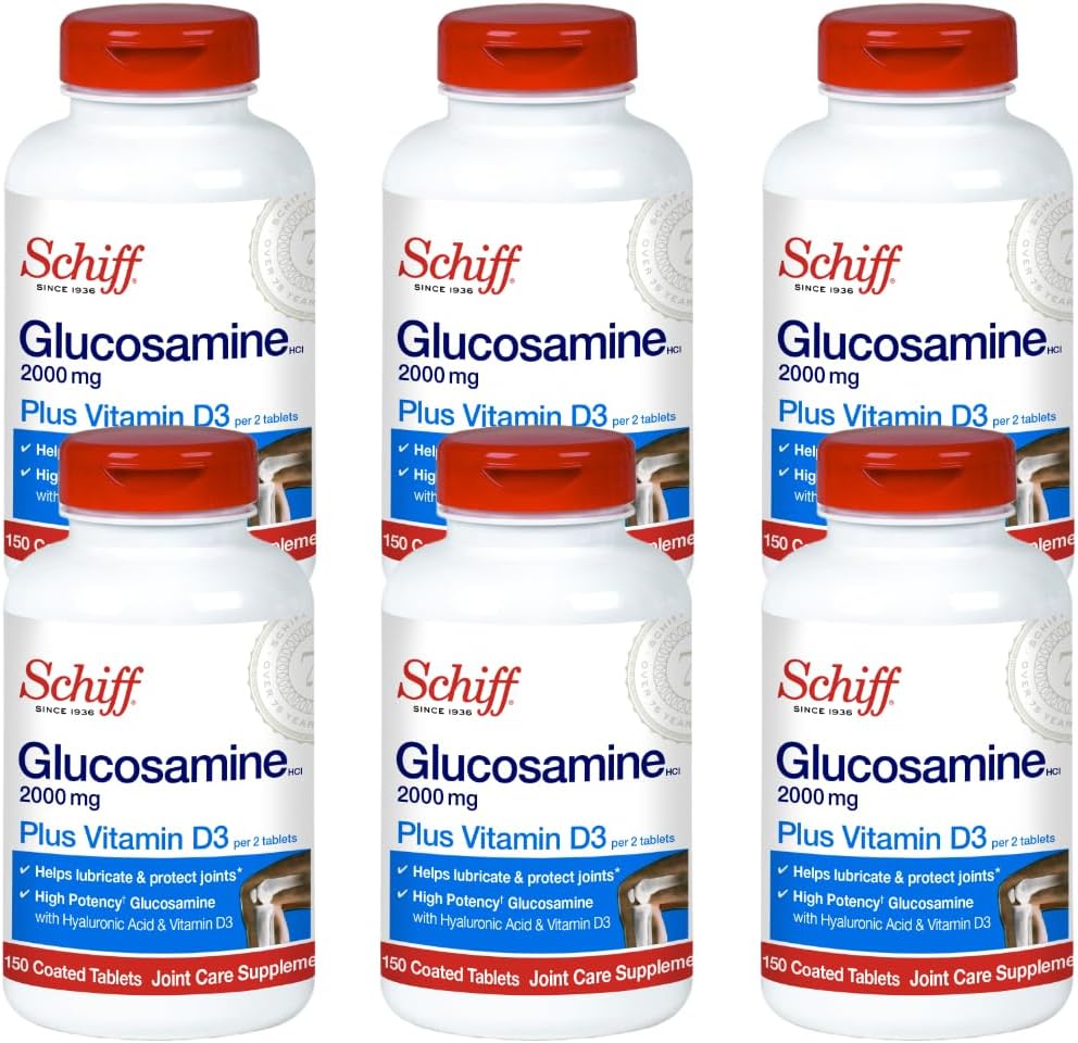 Schiff Glucosamine 2000mg עם ויטמין D3 ו Hyaluronic Acid, 150 טבליות - תוסף משותף (Pack של 6)